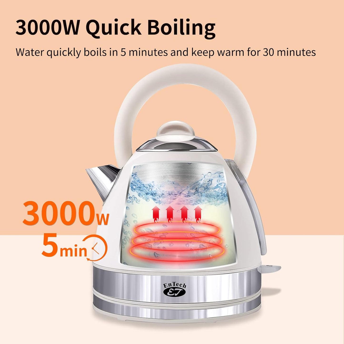 EnTech 1,7 l elektrischer Wasserkocher mit automatischer Entladung, Schnellkoch-Warmwasserbereiter, 3000 W, Edelstahl, BPA-freies Inneres, LED-Anzeige