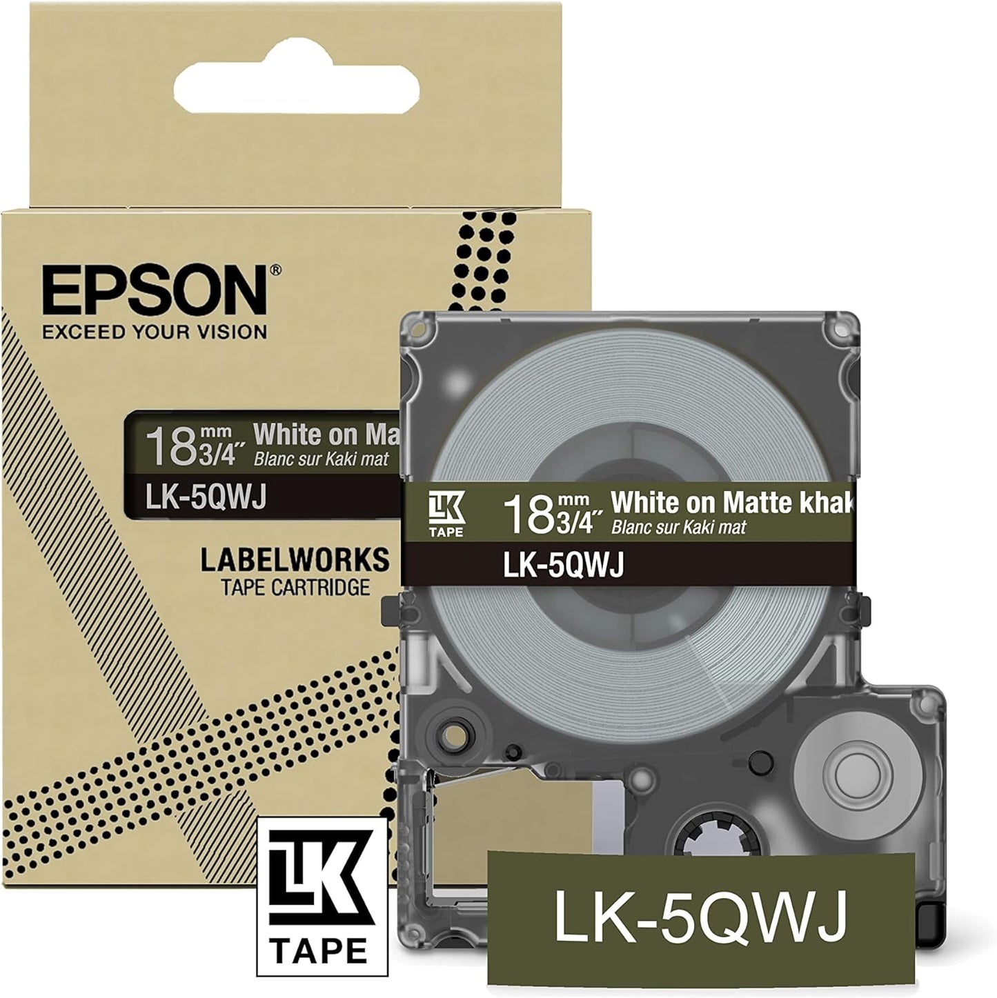 Cassette d'étiquettes Epson LK-5QWJ, blanc sur kaki mat, rouleau de 8 mx 18 mm