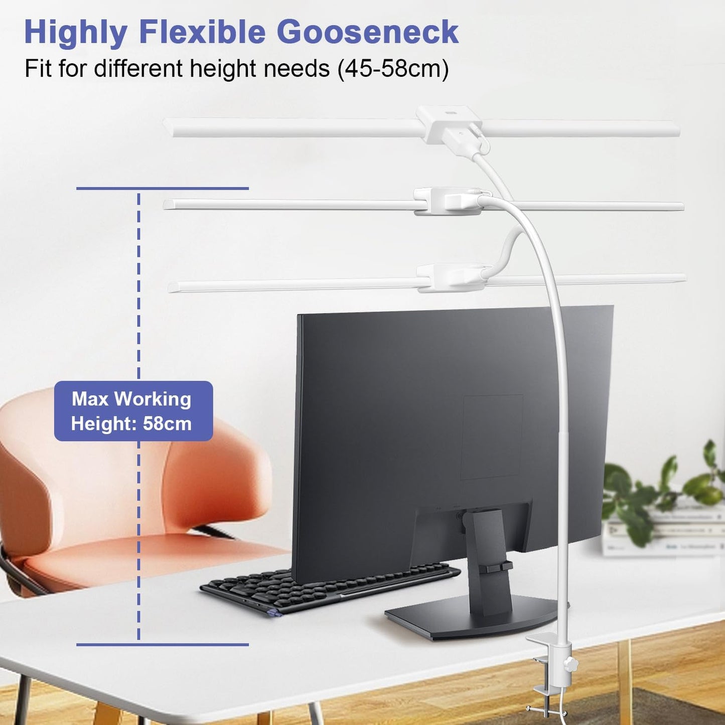 EppieBasic 24W Doppelkopf Schreibtischlampe LED Dimmbar, 80cm Groß,Klemmbar,Weiß