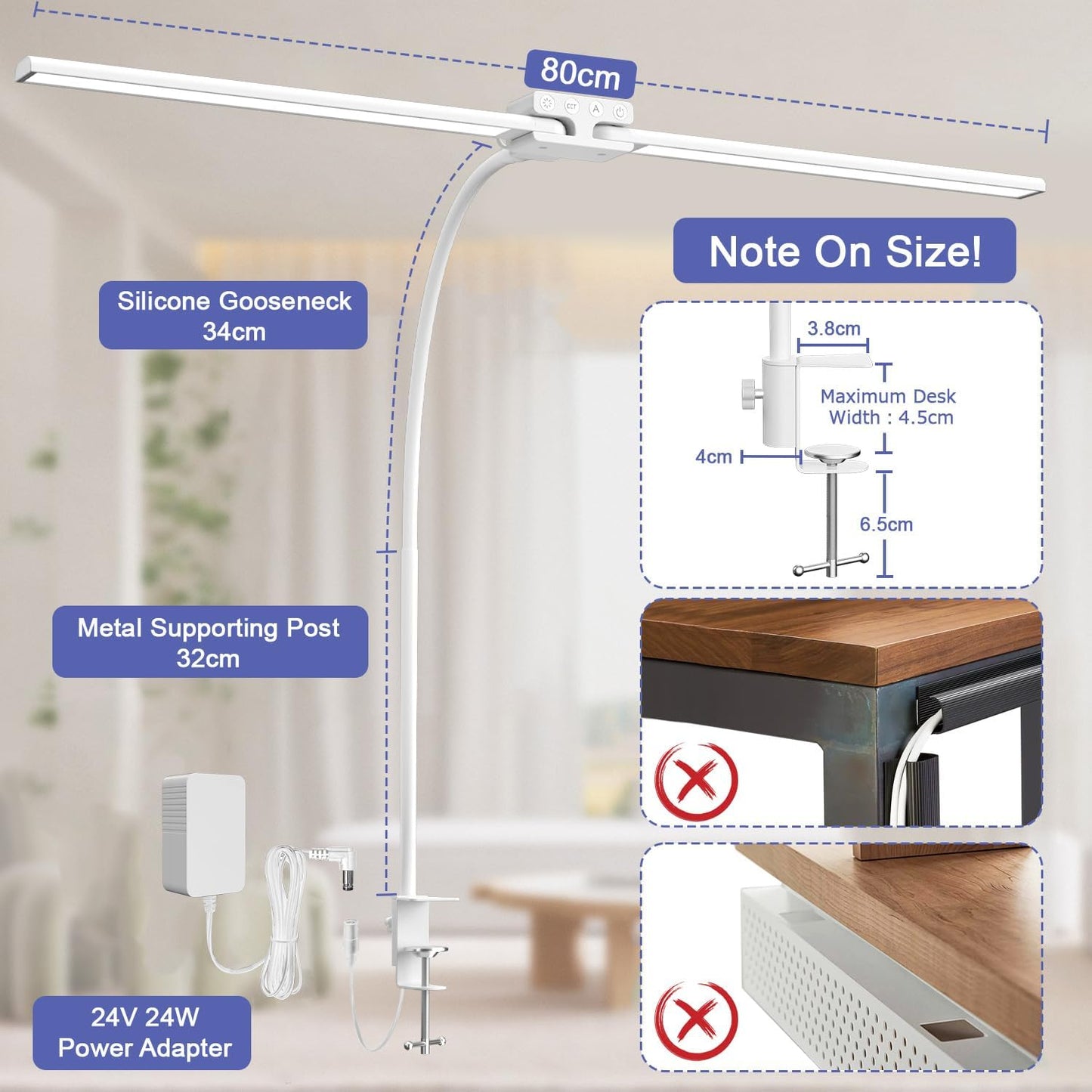 EppieBasic 24W Doppelkopf Schreibtischlampe LED Dimmbar, 80cm Groß,Klemmbar,Weiß