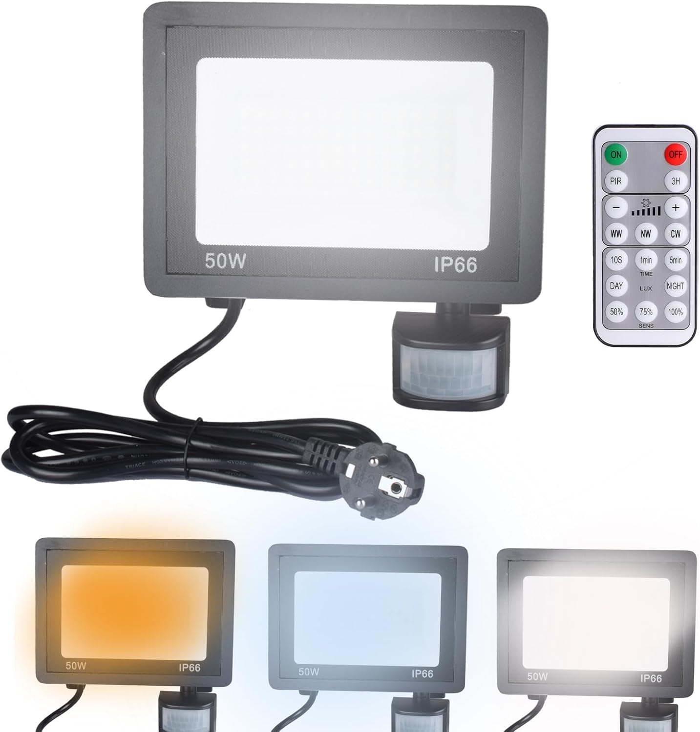 Etrogo 50W LED Strahler mit Stecker mit Bewegungsmelder mit Fernbedienung 5000Lm