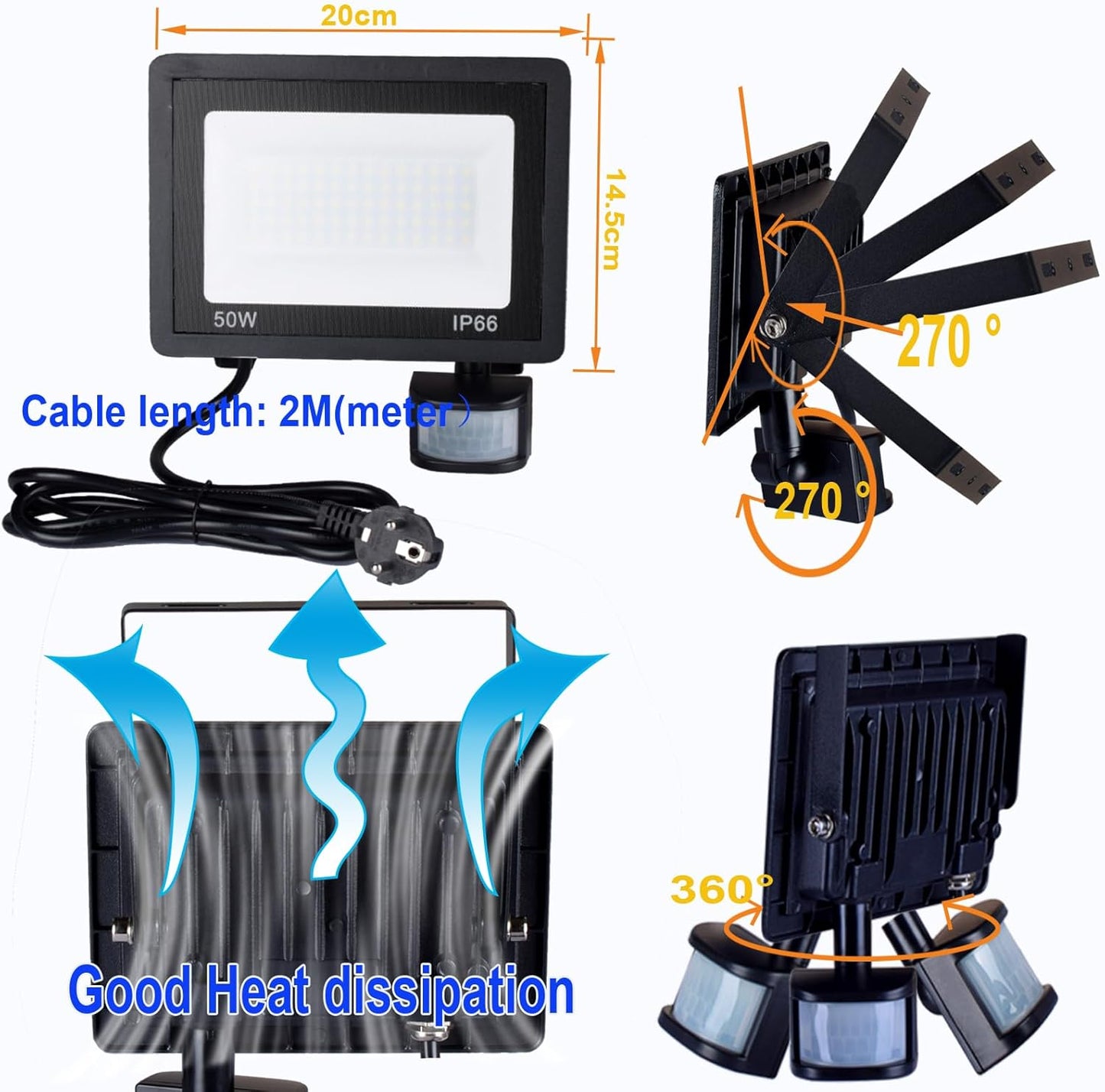 Etrogo 50W LED Strahler mit Stecker mit Bewegungsmelder mit Fernbedienung 5000Lm