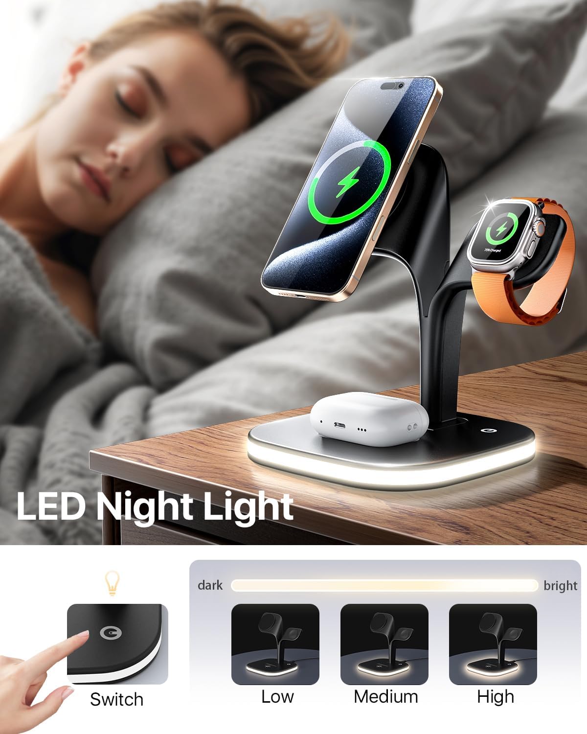 Kabellose Ladestation für Magsafe-Ladegerät iPhone 16/15/14/13/12 Serie, Apple Watch Serie 1–9, AirPods mit LED und Adapter (schwarz)
