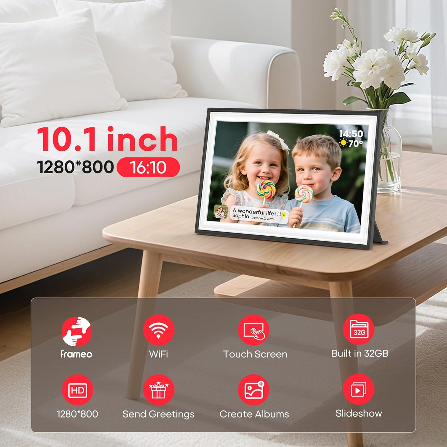 Frameo 10,1 Zoll WiFi Digitaler Bilderrahmen mit 32 GB Speicher, 1280 x 800 IPS