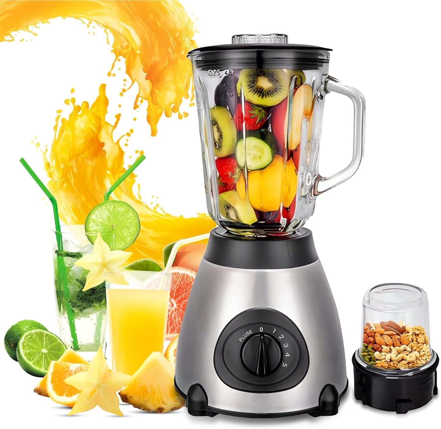 FACAIO Standmixer 2000W, Smoothie Maker, Multifunktion Blender elektrisch, 1,5l 650ml Silber