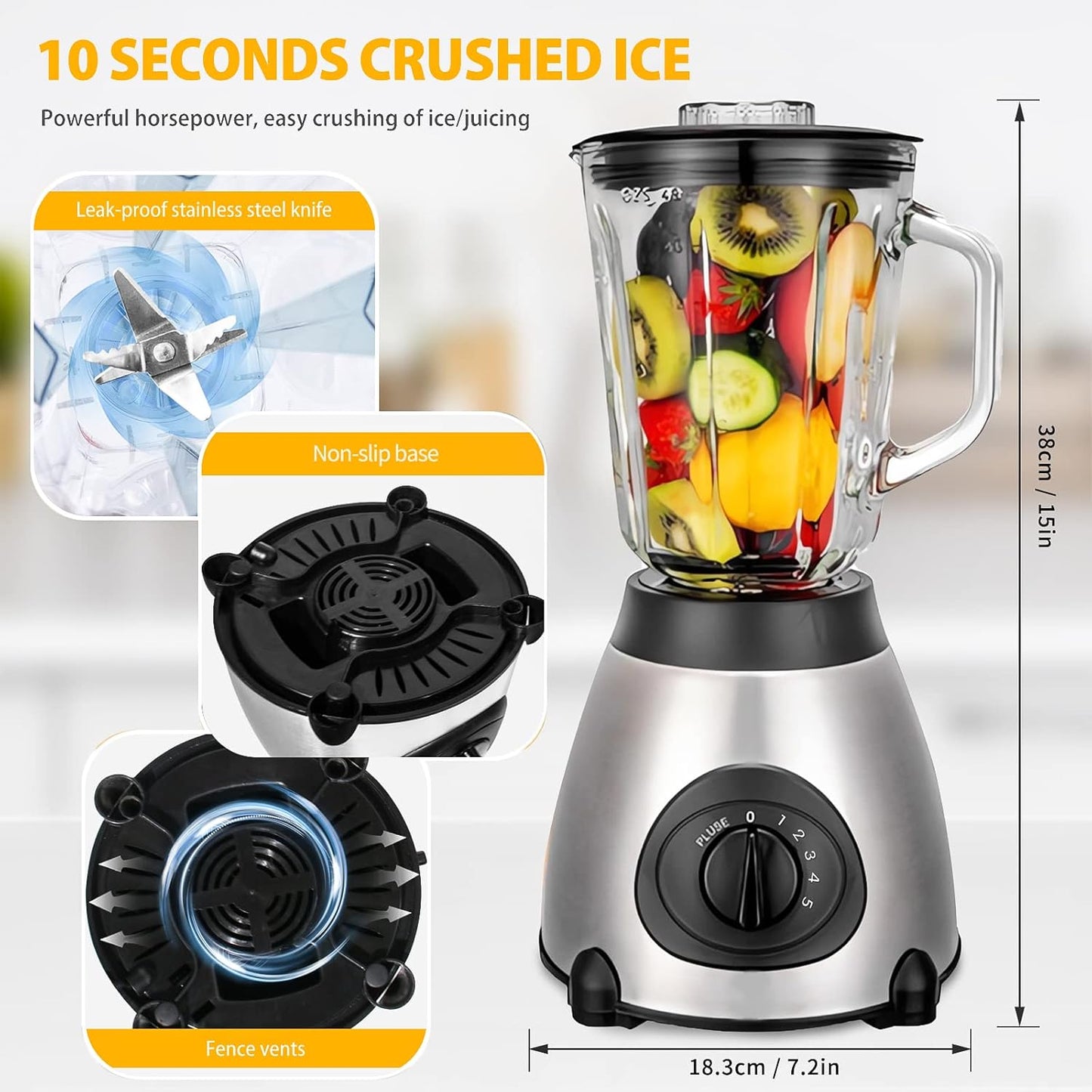 FACAIO Standmixer 2000W, Smoothie Maker, Multifunktion Blender elektrisch, 1,5l 650ml Silber