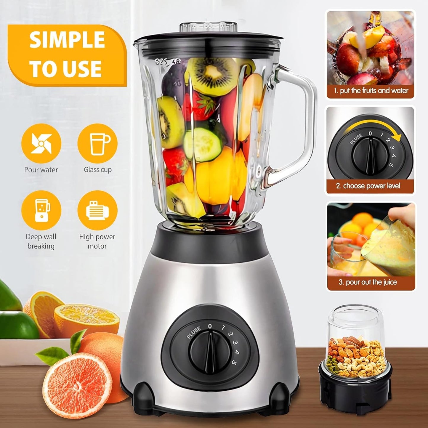 FACAIO Standmixer 2000W, Smoothie Maker, Multifunktion Blender elektrisch, 1,5l 650ml Silber