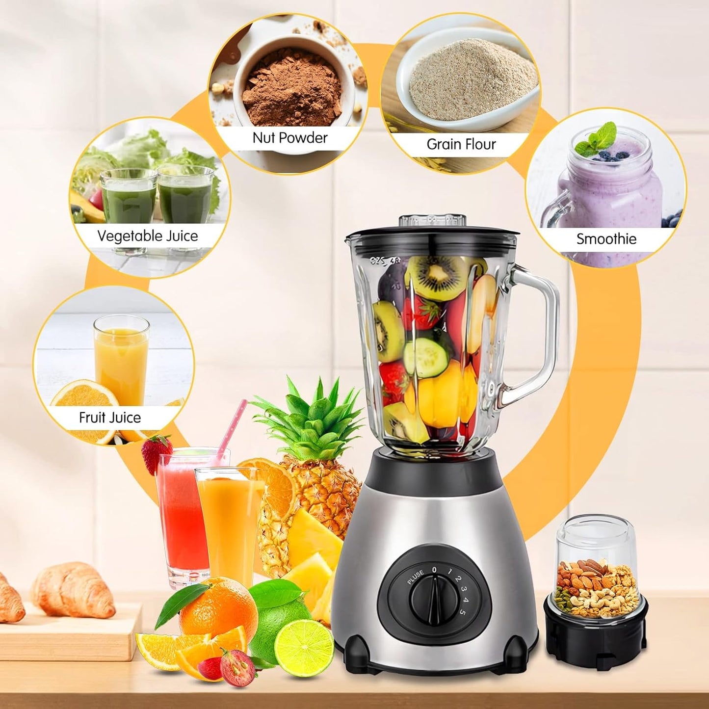 FACAIO Standmixer 2000W, Smoothie Maker, Multifunktion Blender elektrisch, 1,5l 650ml Silber