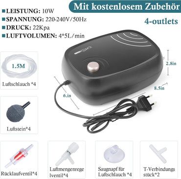 FEDOUR 10W leistungsstarke Aquarium-Luftpumpe,4-Ausgänge 1200L/H