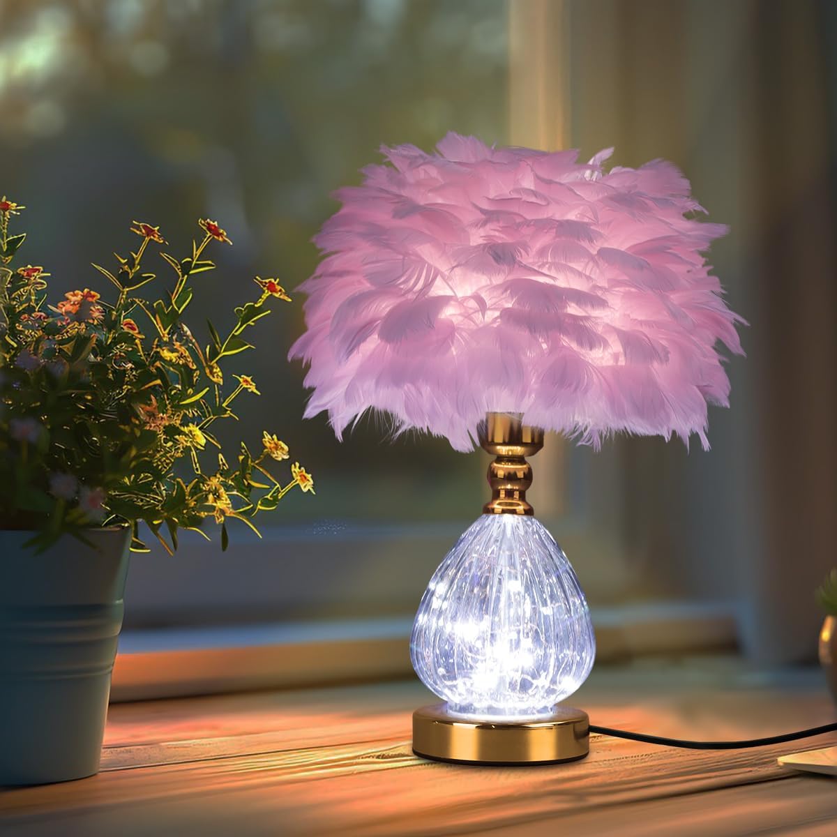 Federlampe- Led Tischlampe Nachttischlampen mit 3 Farben Dimmbare