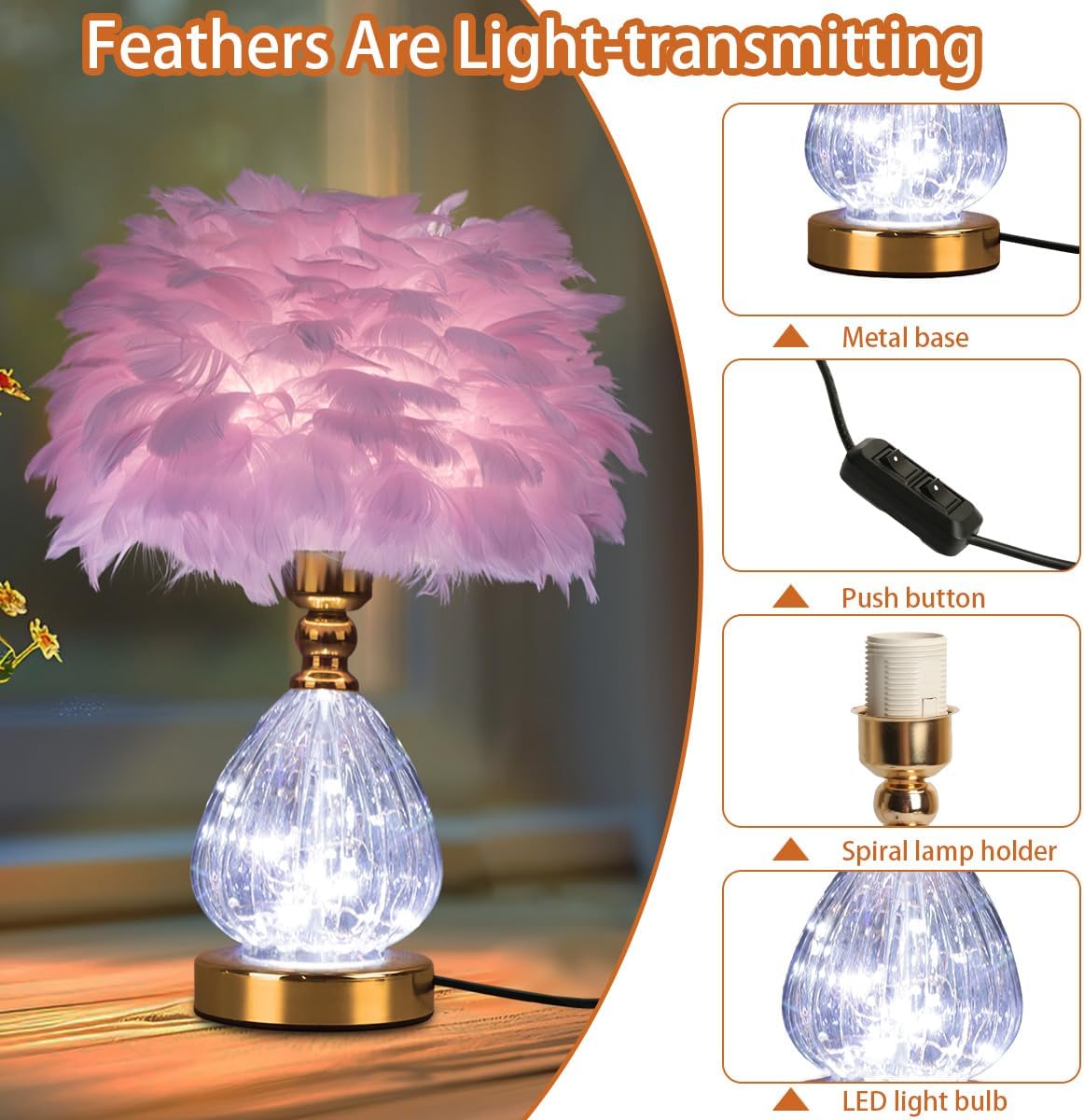 Federlampe- Led Tischlampe Nachttischlampen mit 3 Farben Dimmbare