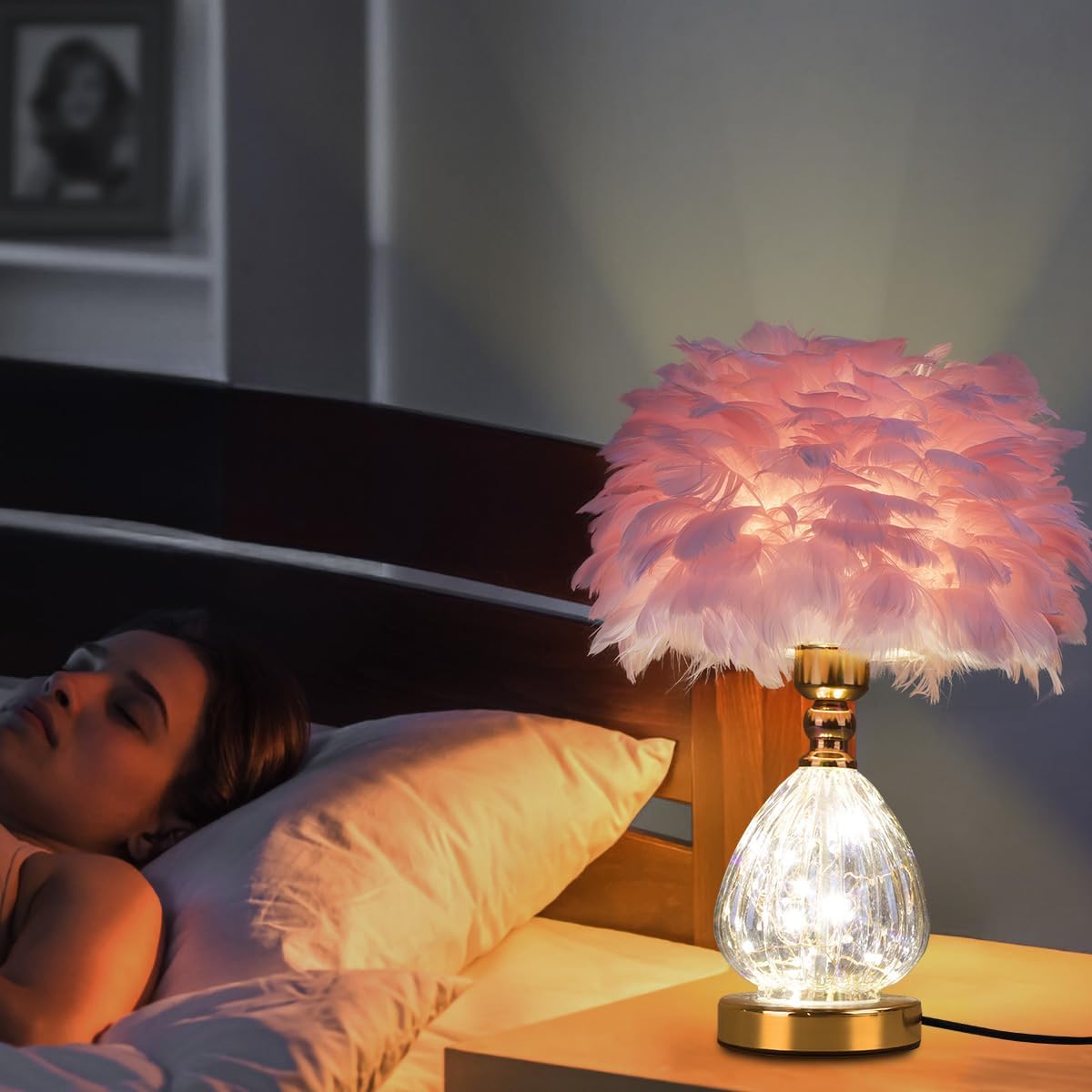 Federlampe- Led Tischlampe Nachttischlampen mit 3 Farben Dimmbare