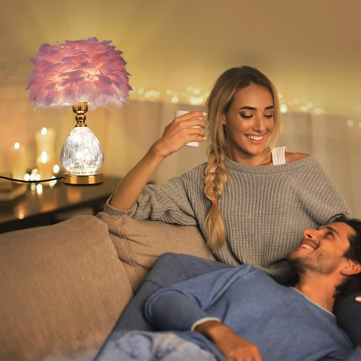 Federlampe- Led Tischlampe Nachttischlampen mit 3 Farben Dimmbare