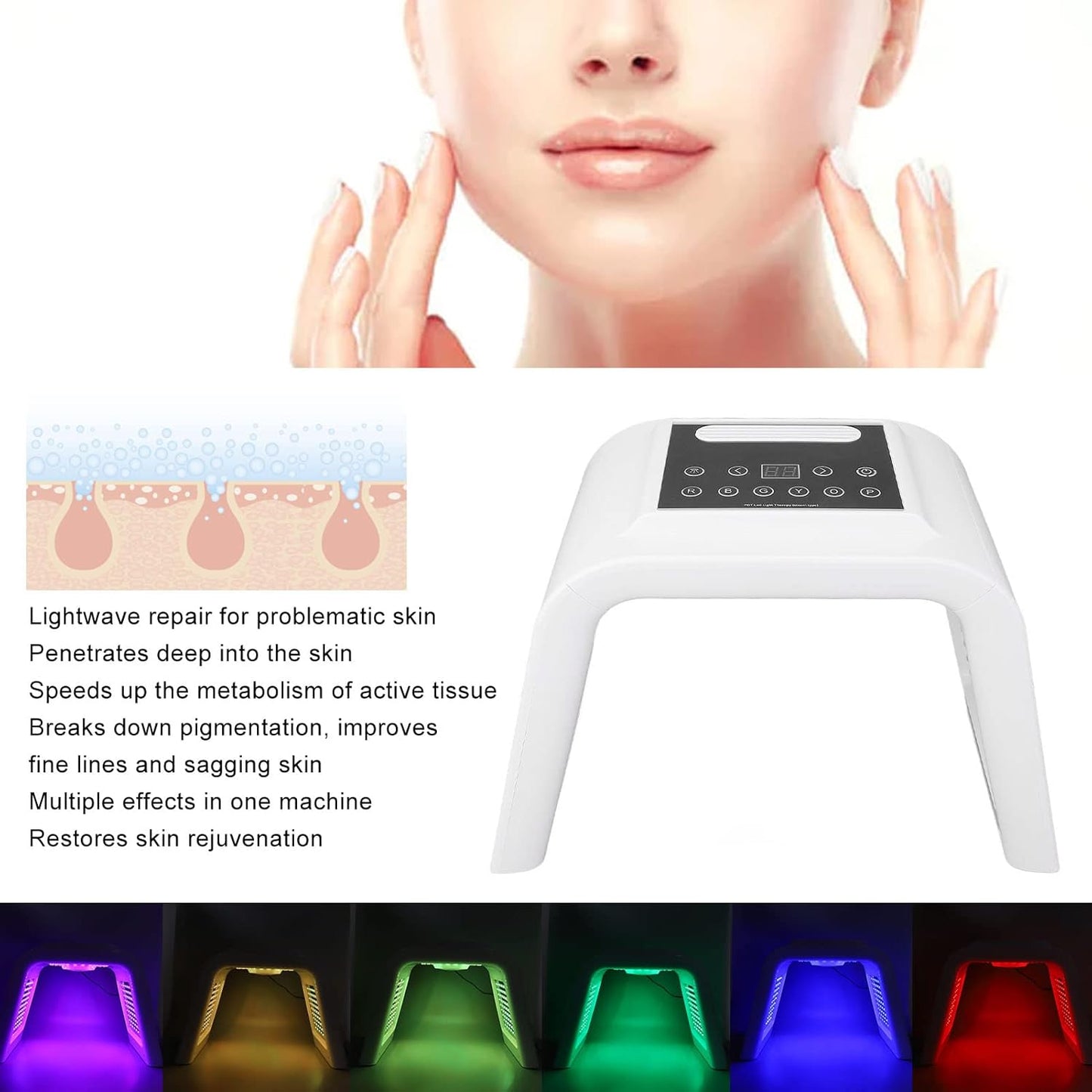 Gerät de photothérapie LED à 6 facteurs, Gesichtshautpflege-Lichtgerät mit Spray, Faltbares Phototherapiegerät pour salons de coiffure, 100 V-240 V