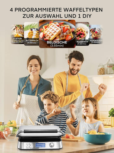 FOHERE Waffeleisen 1600 W, Doppelwaffeleisen,5 Programme, 7 Bräunungsstufen,Timer,