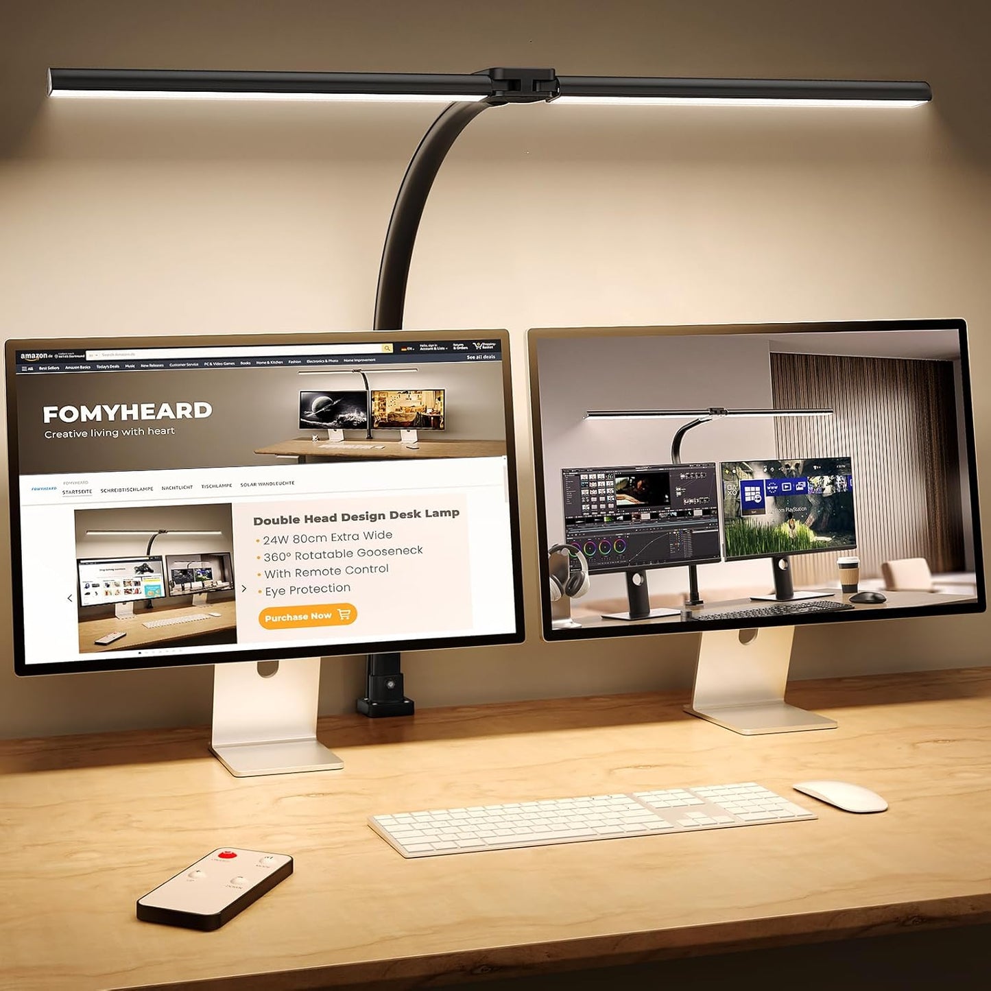FOMYHEARD Doppelkopf Schreibtischlampe LED Dimmbar, 24W 80CM