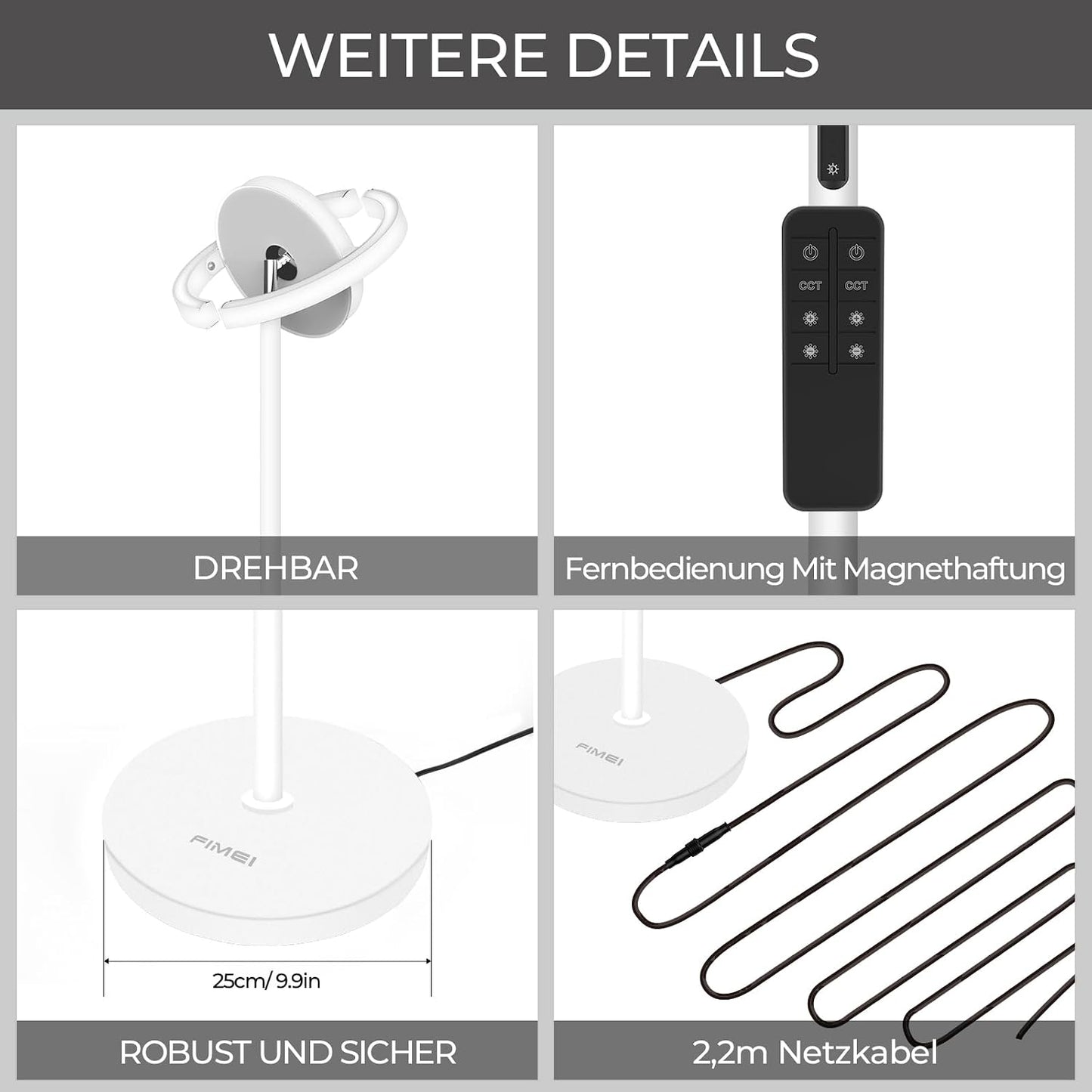 FIMEI Stehlampe, Stufenlos dimmbar & 3000K - 6000K Fernbedienung/Touch Unabhängige Steuerung,