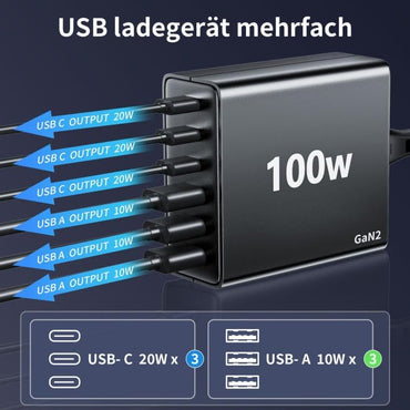 FINIBO USB C Ladegerät100W 6-Port Schnellladegerät mit USB-C und A