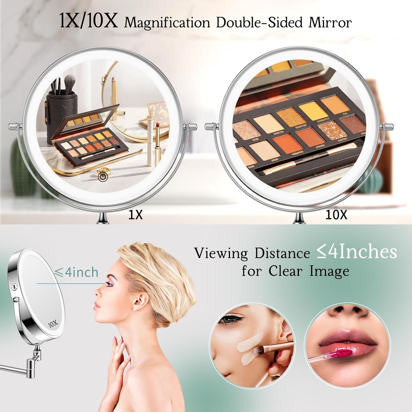 FUNTOUCH Wiederaufladbarer Wand-Make-up-Spiegel mit Lichtern,1 x 10-fache