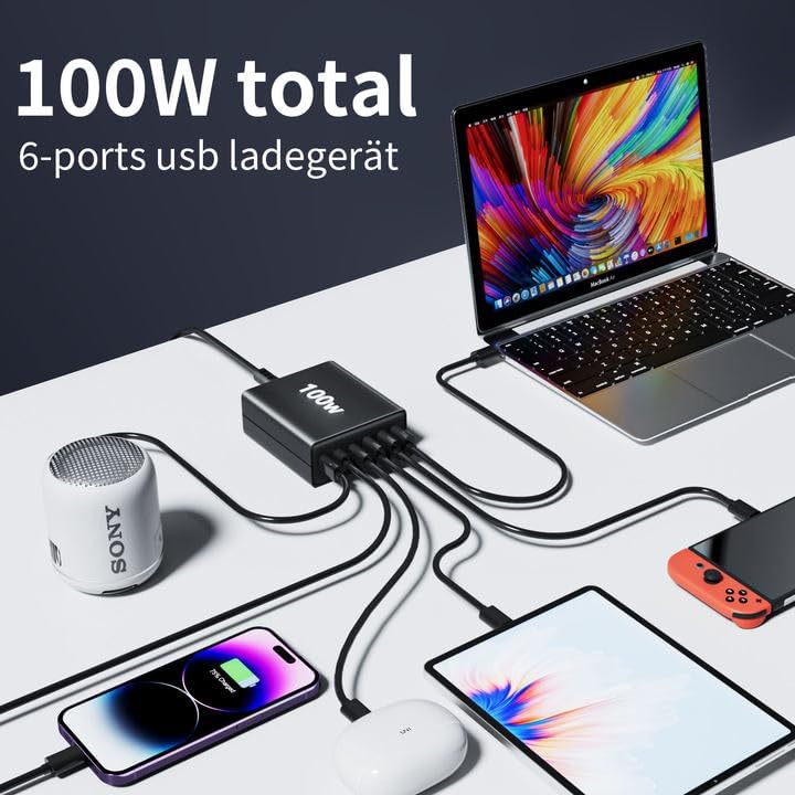 FINIBO USB C Ladegerät100W 6-Port Schnellladegerät mit USB-C und A