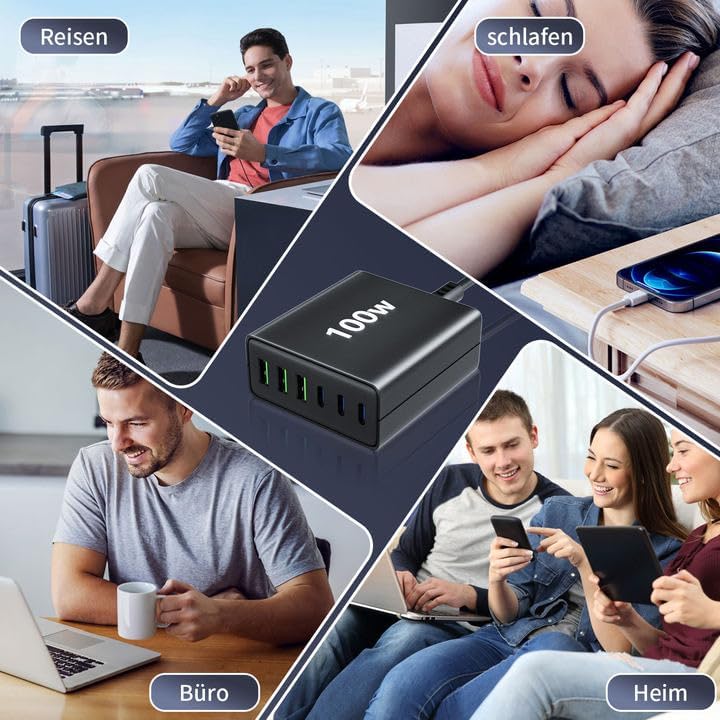 FINIBO USB C Ladegerät100W 6-Port Schnellladegerät mit USB-C und A