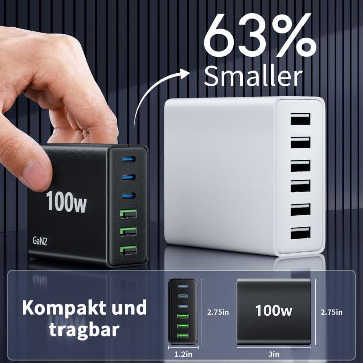 FINIBO USB C Ladegerät100W 6-Port Schnellladegerät mit USB-C und A