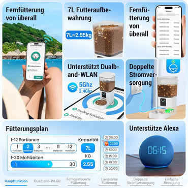 Frienhund 5G WiFi Futterautomat Katze mit APP 7L Futterspender mit Langsamer Vorschub, WLAN Weiß