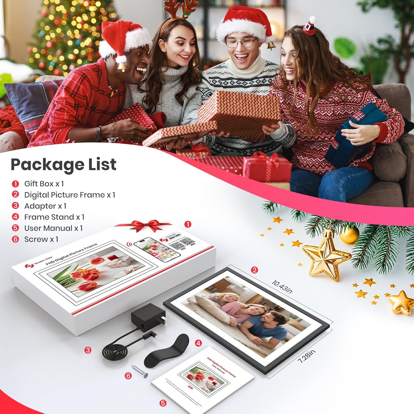 Frameo 10.1 Zoll Digitaler Bilderrahmen 2K 64GB WiFi Elektronischer Bilderrahmen FHD 1920x1200 IPS Touchscreen schwarz