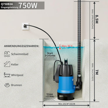 FOTING Schmutzwassertauchpumpe 750 W, 19.500 l/h, Förderhöhe bis 8 m.