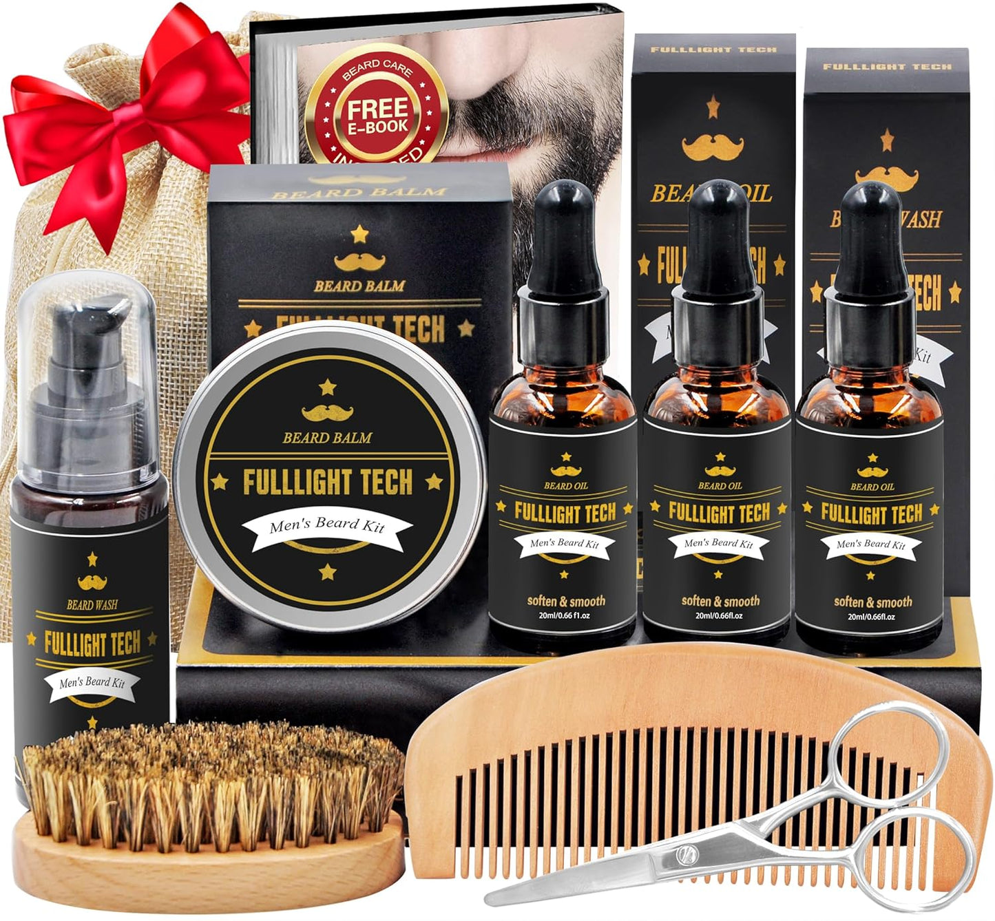 FULLLIGHT TECH Bart-Set für Männer, Fellpflege und Pflege, mit 3 Stück, Bartöl, Waschen, Balsam, Kamm, Bürste, Schere