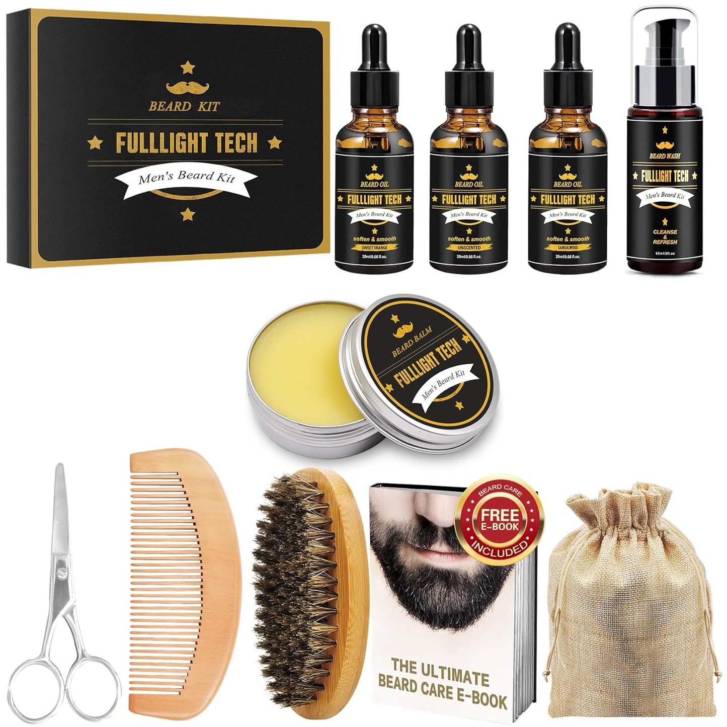 FULLLIGHT TECH Bart-Set für Männer, Fellpflege und Pflege, mit 3 Stück, Bartöl, Waschen, Balsam, Kamm, Bürste, Schere