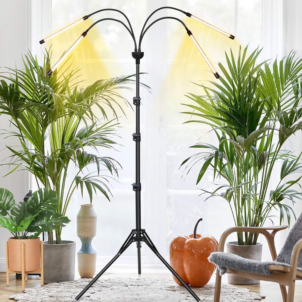 FUJIWAY LED Planzenlicht, 80 LEDs, Vollspektrum LED Pflanzenwachslicht für Zimmerpflanzen, 4-Kopf-Wachstumslampe mit Timer, 360° verstellbarer Schwanenhals, 9 Dimmstufen für das Wachstum von Sämlingen, blühenden Früchten