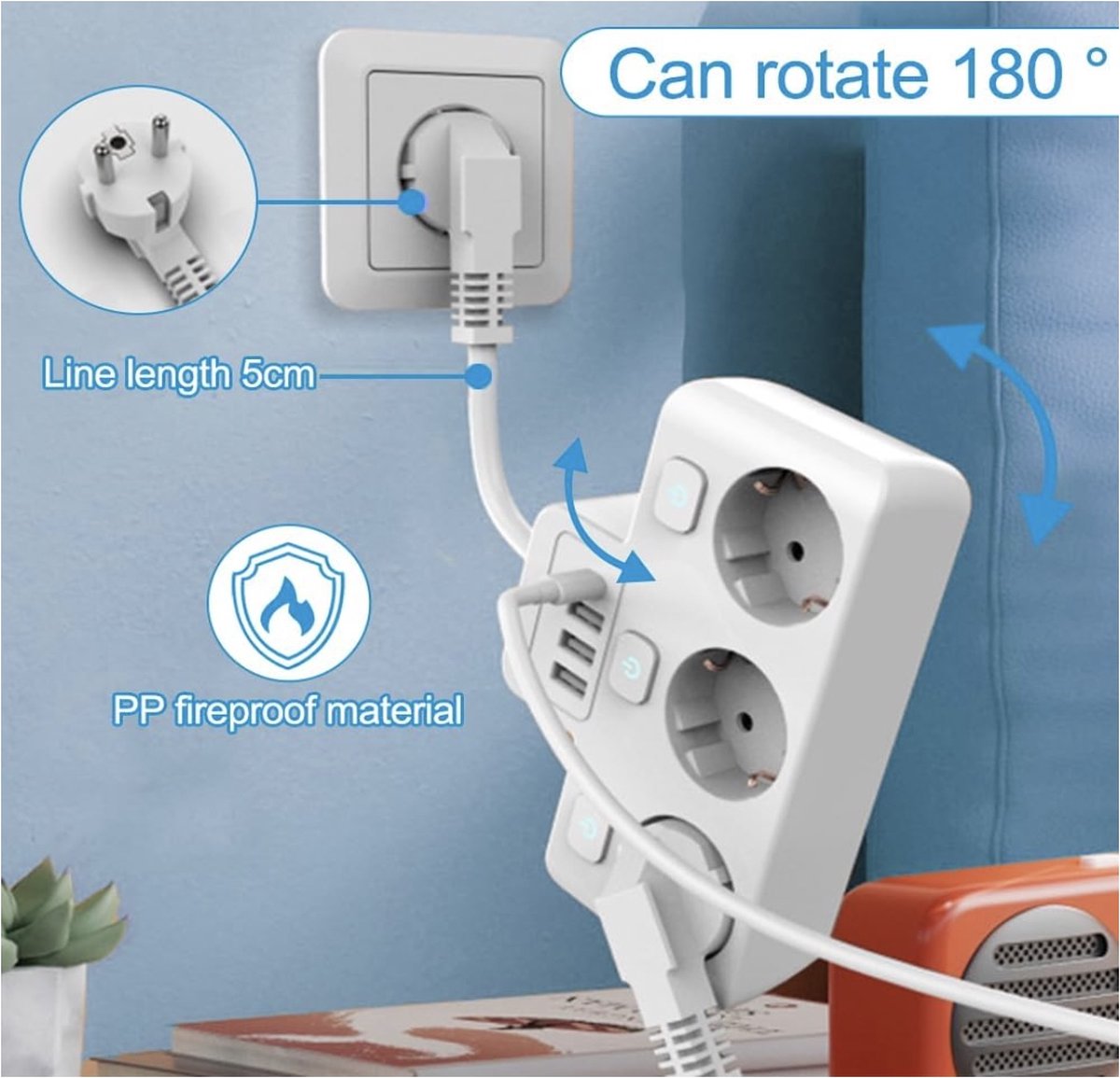 Fivtsme 7-in-1-Steckdosenleiste mit USB, 3 AC-Steckdosen mit 4 USB-Anschlüssen
