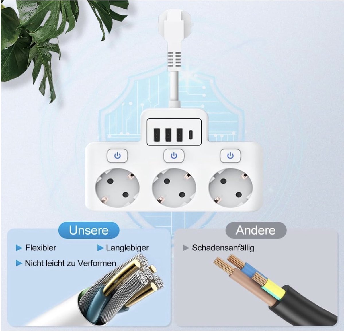 Fivtsme 7-in-1-Steckdosenleiste mit USB, 3 AC-Steckdosen mit 4 USB-Anschlüssen