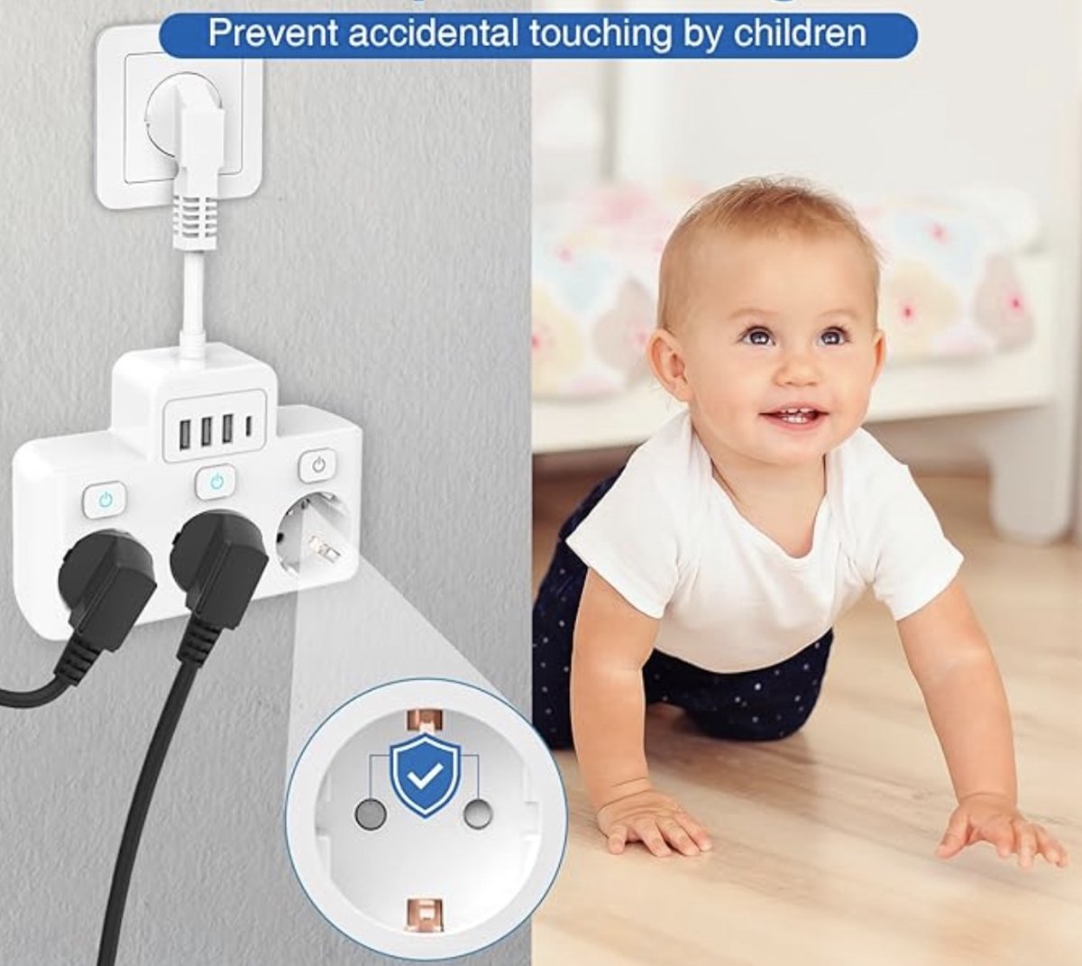 Fivtsme 7-in-1-Steckdosenleiste mit USB, 3 AC-Steckdosen mit 4 USB-Anschlüssen