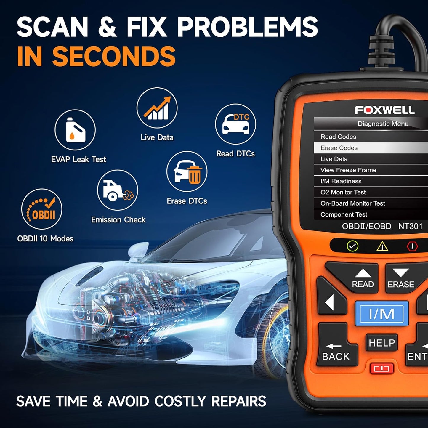 FOXWELL NT301 OBD2-Diagnosegerät für Fahrzeuge, kompatibel mit OBDII/EOBD-Protokoll, mit 2,8-Zoll