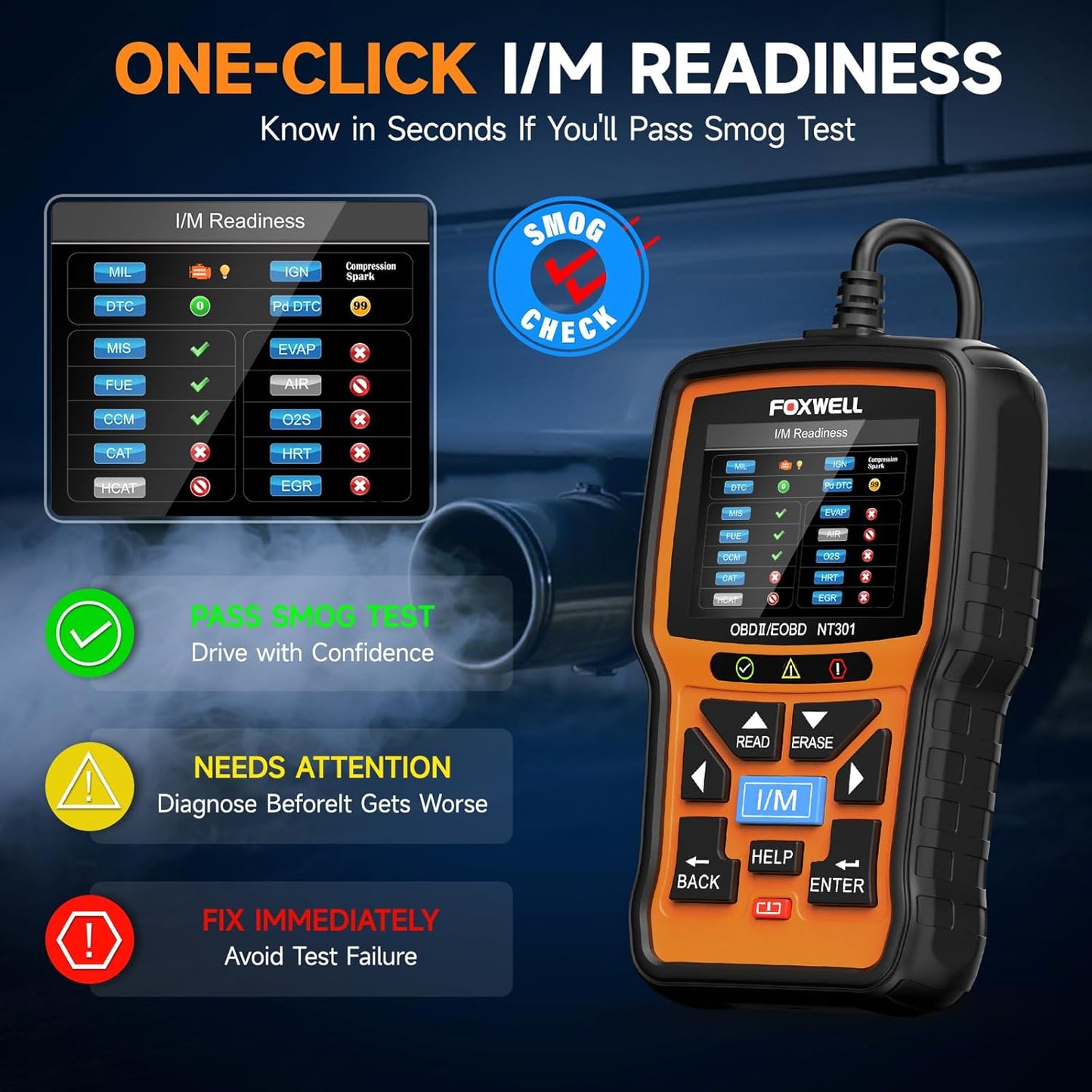 FOXWELL NT301 OBD2-Diagnosegerät für Fahrzeuge, kompatibel mit OBDII/EOBD-Protokoll, mit 2,8-Zoll