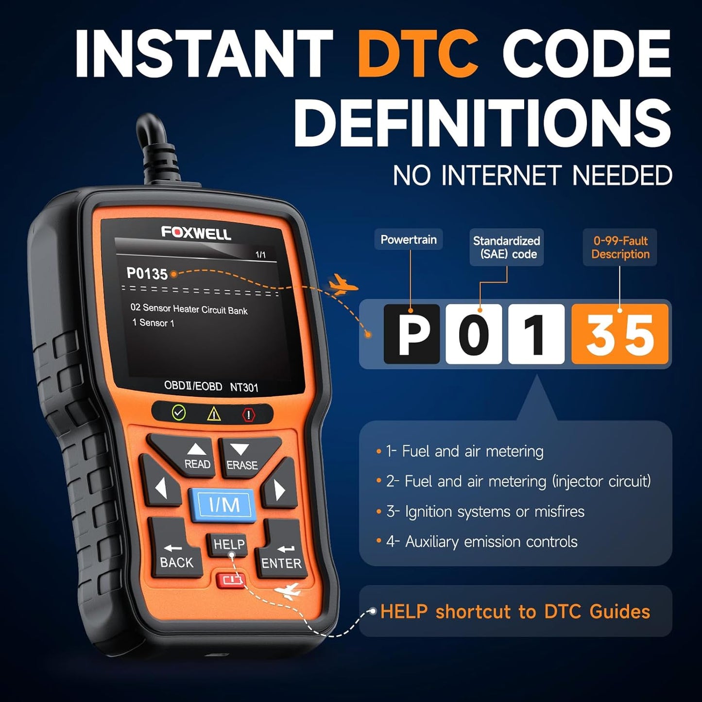 FOXWELL NT301 OBD2-Diagnosegerät für Fahrzeuge, kompatibel mit OBDII/EOBD-Protokoll, mit 2,8-Zoll