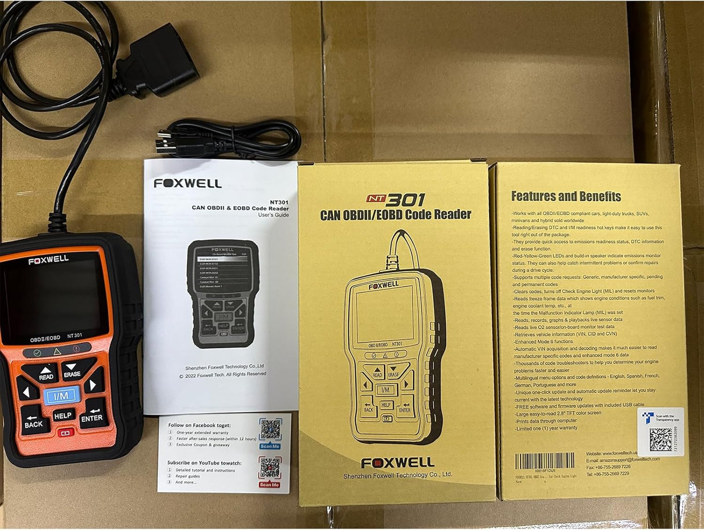 FOXWELL NT301 OBD2-Diagnosegerät für Fahrzeuge, kompatibel mit OBDII/EOBD-Protokoll, mit 2,8-Zoll