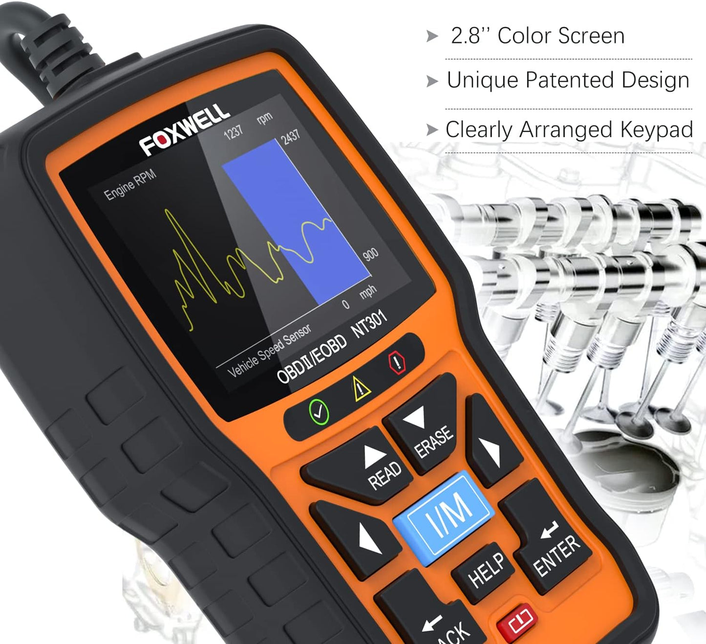 FOXWELL NT301 OBD2-Diagnosegerät für Fahrzeuge, kompatibel mit OBDII/EOBD-Protokoll, mit 2,8-Zoll