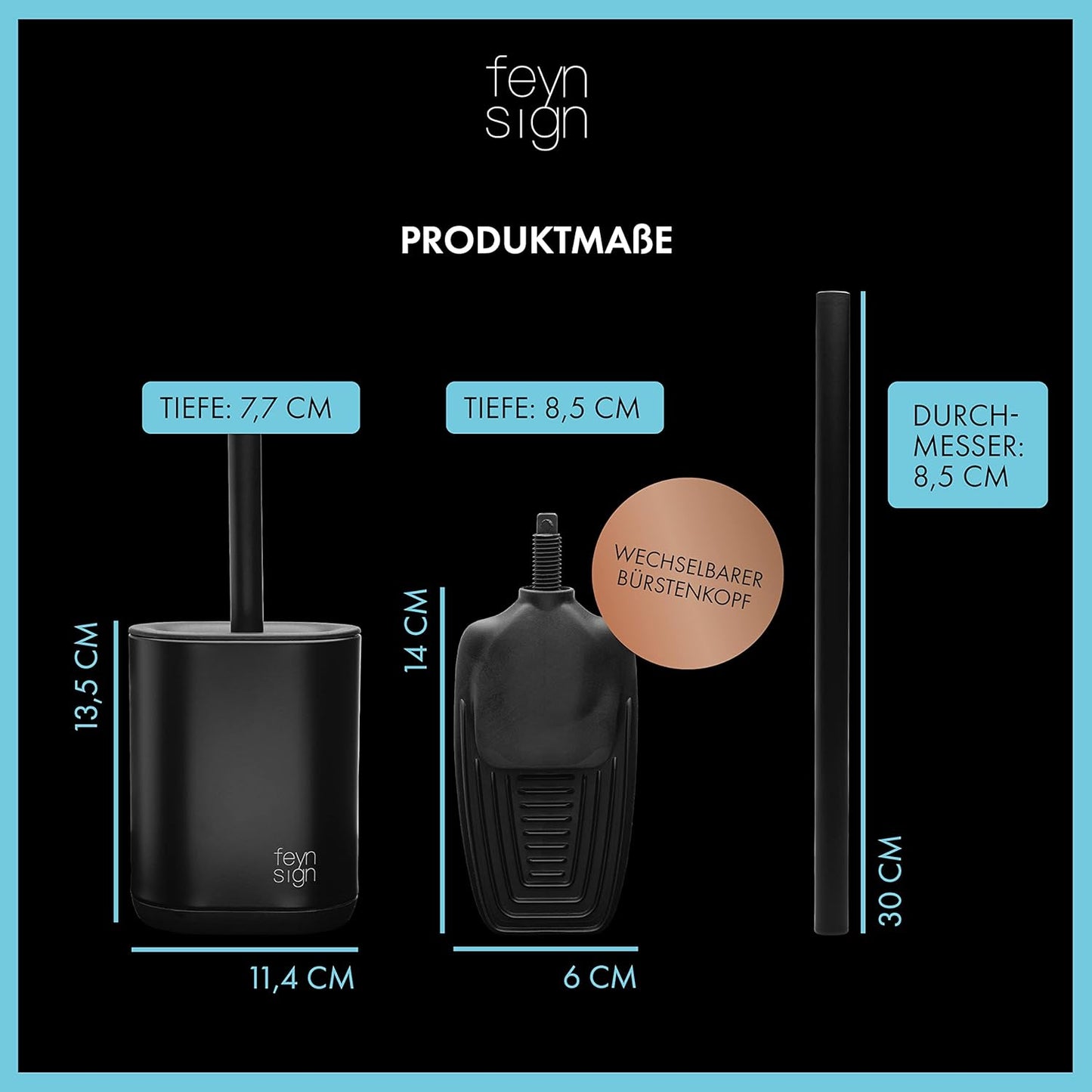 Feynsign Silikon-Toilettenbürste, 3-in-1 Premium-Silikon und Edelstahl,Schwarz