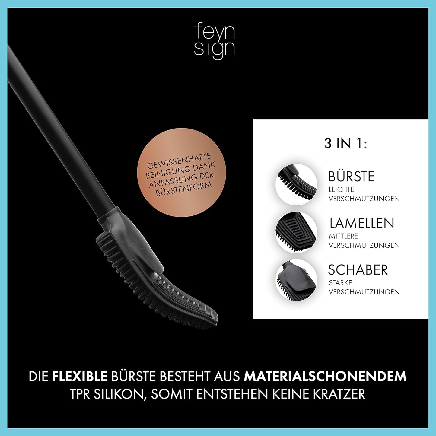 Feynsign Silikon-Toilettenbürste, 3-in-1 Premium-Silikon und Edelstahl,Schwarz