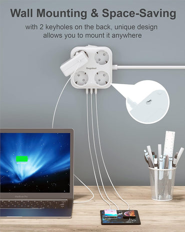Gogotool Mehrfachsteckdose mit 4 Steckdosen und 3 USB-Anschlüssen , 7-in-1-Steckeradapter mit flexiblem Kabel , (Weiß)