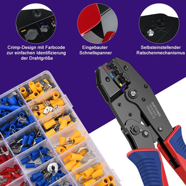 GUPTOMES Crimpzange, 36 Arten Kabelschuhe Set, Crimping Pliers, Crimpzangen-Aderendhülsen-Set with 290 Insulated Cable Lugs Tool Kit 0.5-6 mm² (AWG 20-10)