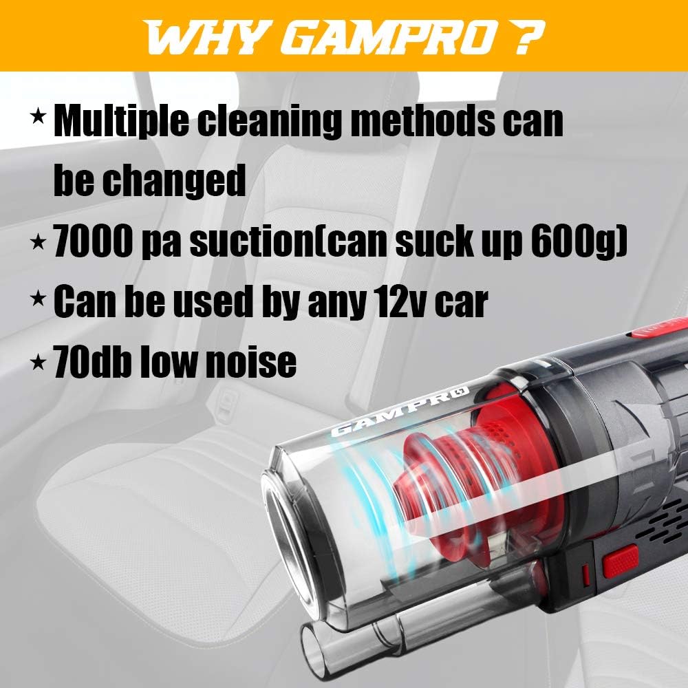 GAMPRO 6000PA Auto-Staubsauger, Handstaubsauger, 4-in-1-Düsen, 150 W, 12 V, 4,5 m Kabel
