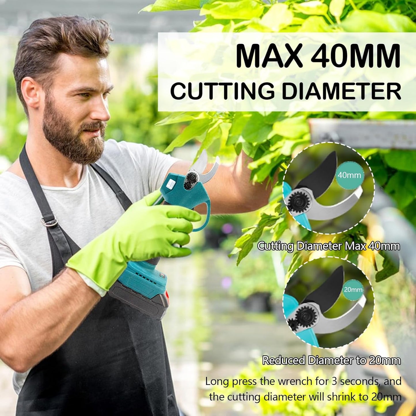 Kabellose elektrische Gartenschere mit 2 x 2000 mAh (21 V) Akkus, Schnittdurchmesser max.30 mm