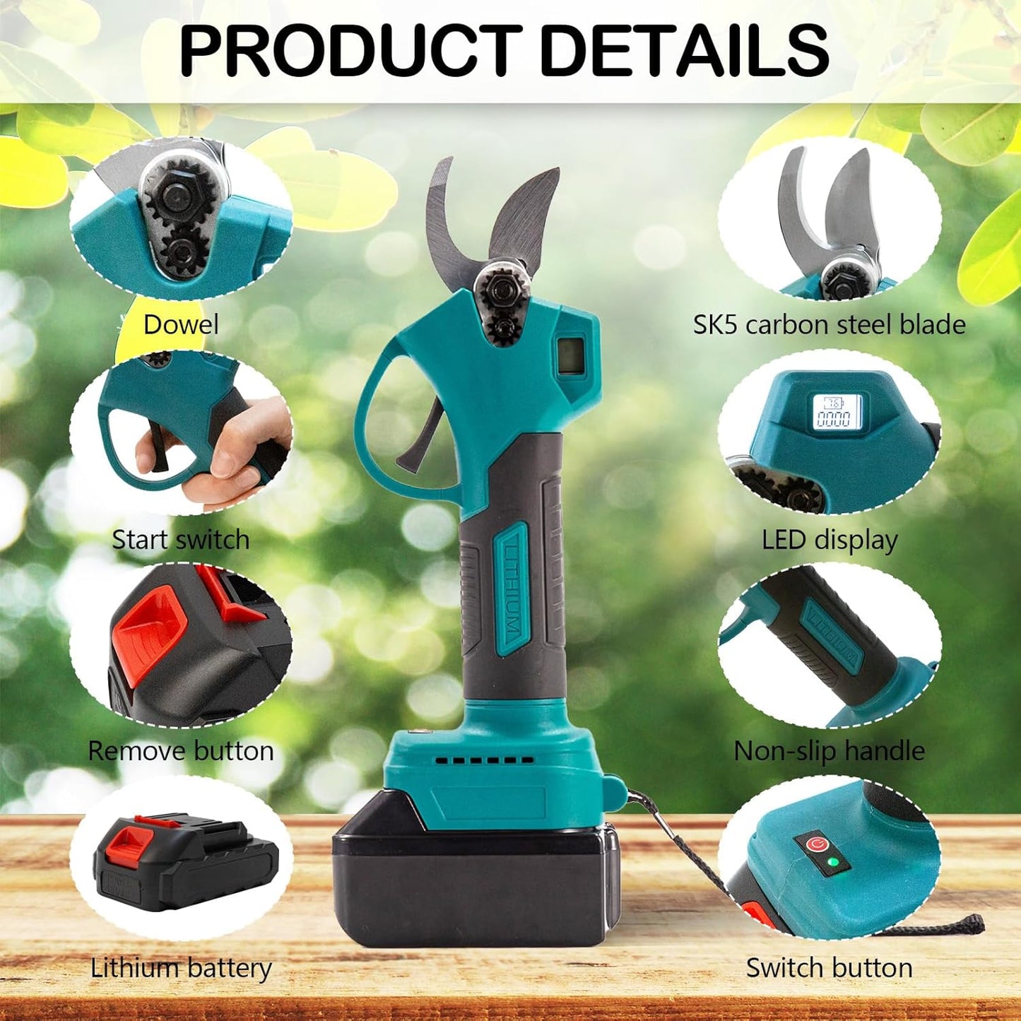Kabellose elektrische Gartenschere mit 2 x 2000 mAh (21 V) Akkus, Schnittdurchmesser max.30 mm
