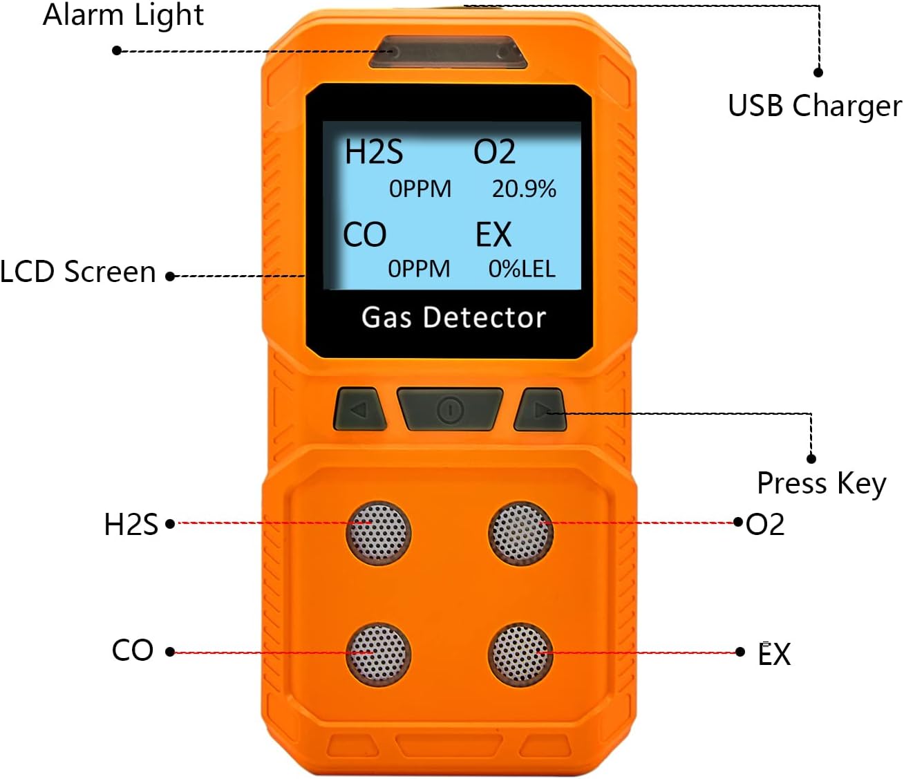 Tragbarer 4 Gas-Monitor, H2S, O2, CO, EX Handgasdetektor, sofort einsatzbereit (Orange)