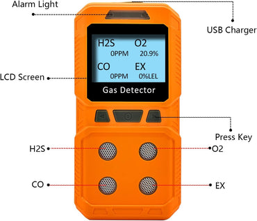 Tragbarer 4 Gas-Monitor, H2S, O2, CO, EX Handgasdetektor, sofort einsatzbereit (Orange)