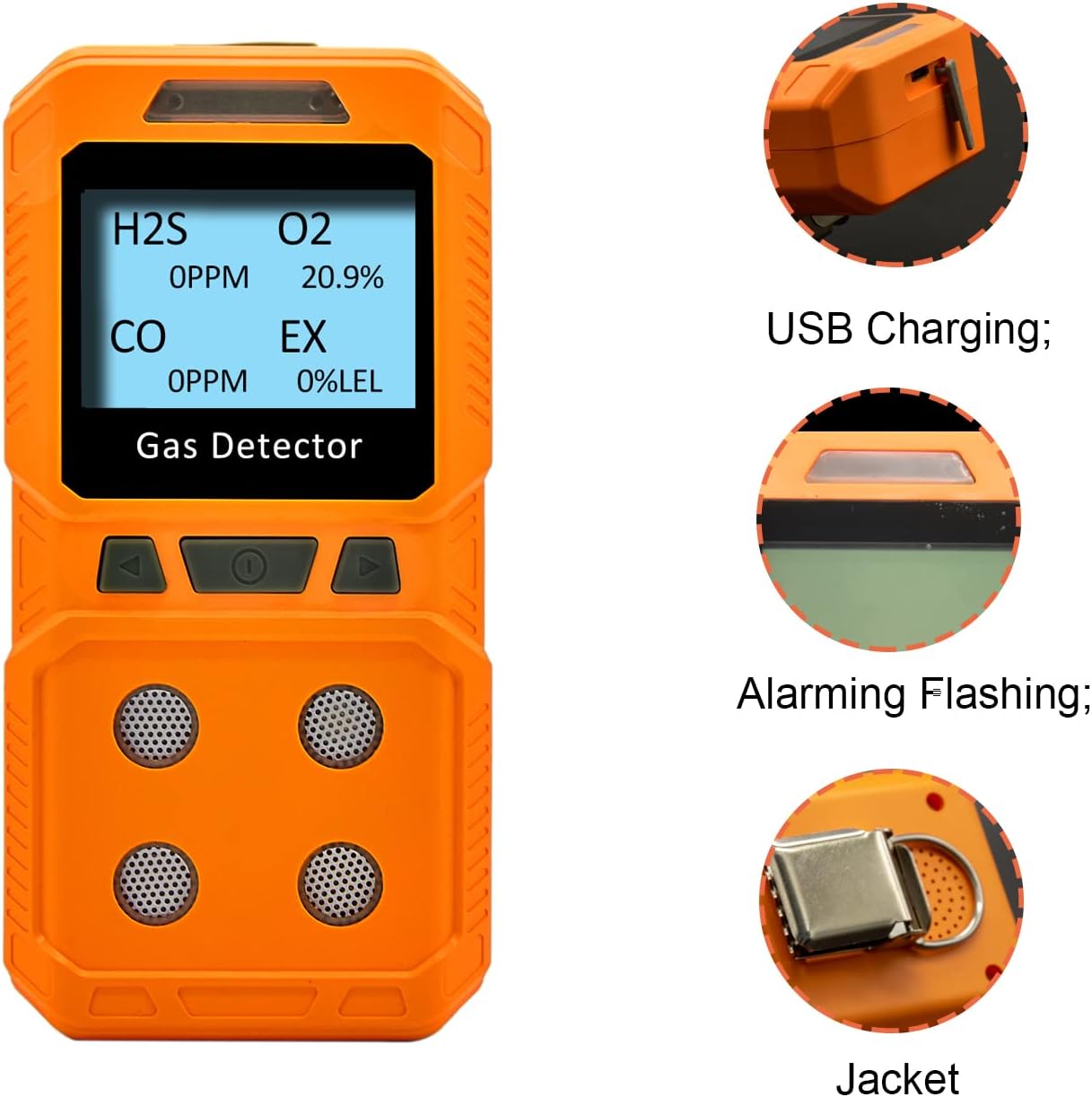 Tragbarer 4 Gas-Monitor, H2S, O2, CO, EX Handgasdetektor, sofort einsatzbereit (Orange)